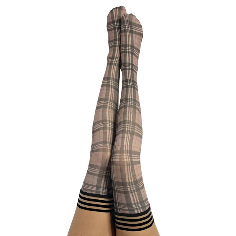 Kixies Lori Plaid Thigh-High Tan/Grey Size A - Fantasies Boutique