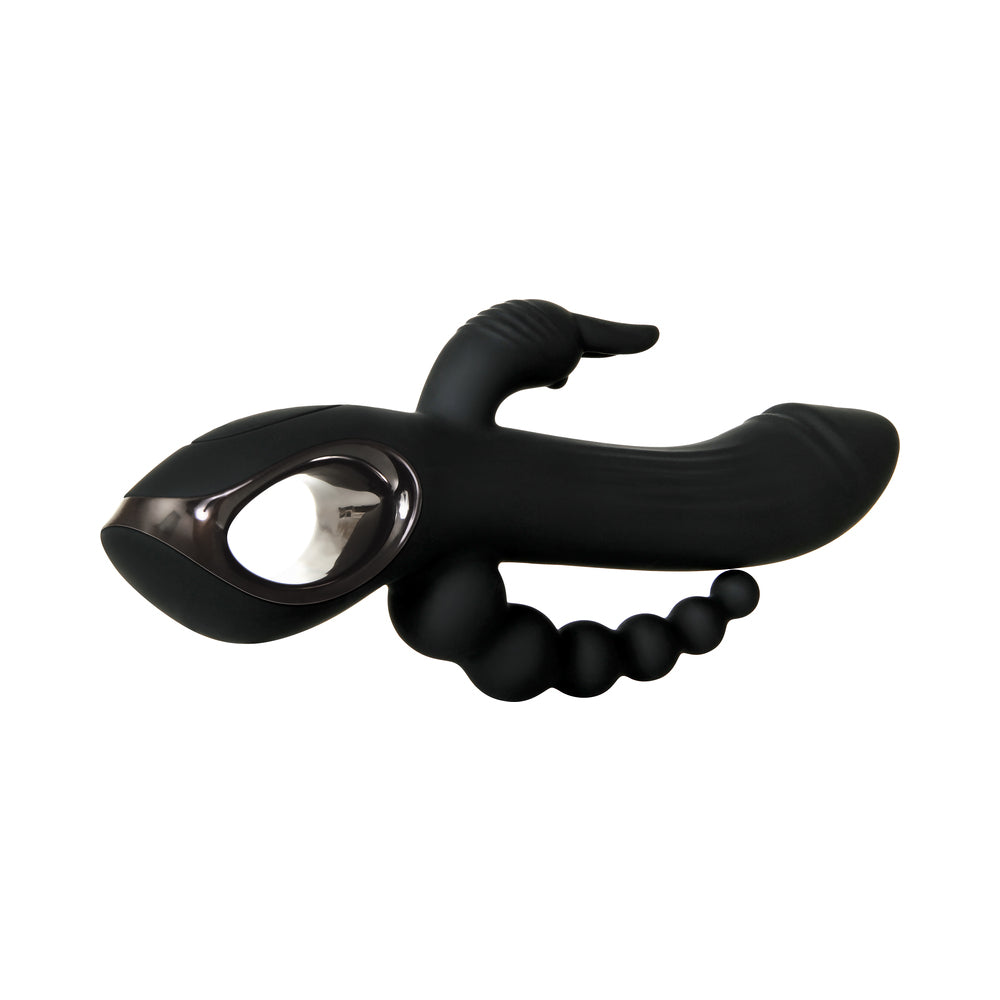 Evolved Trifecta Rechargeable Dual Entry Triple Stimulation Silicone Rabbit Vibrator Black - Fantasies Boutique