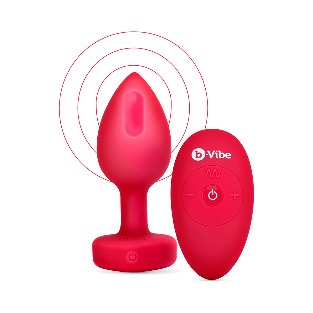 b-Vibe Vibrating Heart Anal Plug with Heart-Shaped Jewel Base M/L Red - Fantasies Boutique