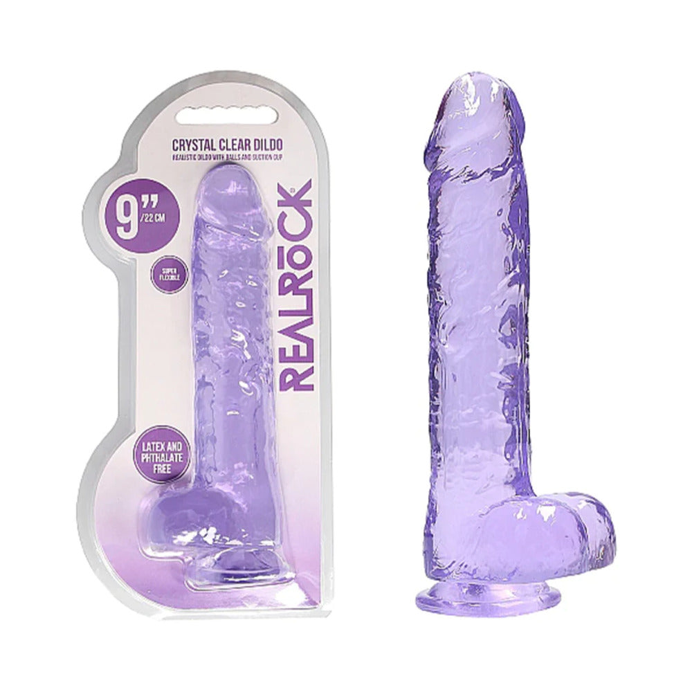 RealRock Crystal Clear Realistic 9 in. Dildo With Balls and Suction Cup Purple - Fantasies Boutique