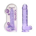 RealRock Crystal Clear Realistic 9 in. Dildo With Balls and Suction Cup Purple - Fantasies Boutique