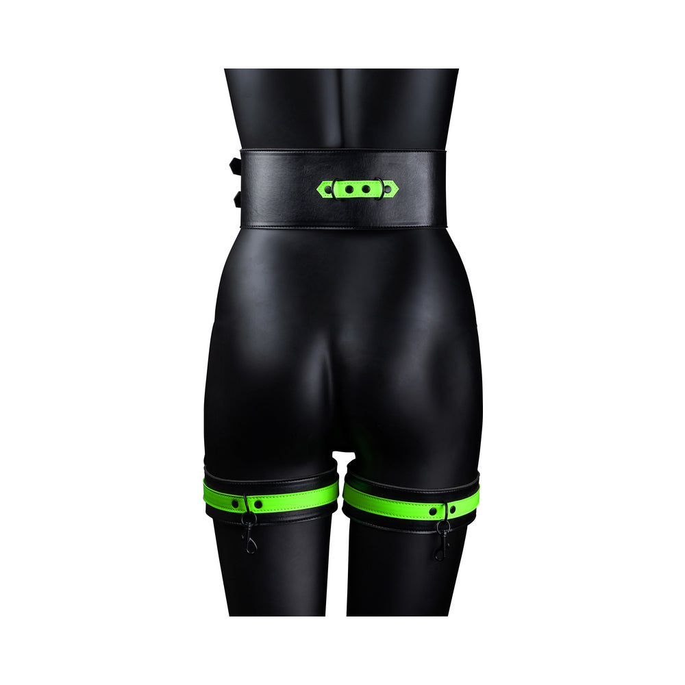 Ouch! Glow in the Dark 5-Piece Bonded Leather Thigh & Handcuffs With Belt Restraint Neon Green L/XL - Fantasies Boutique