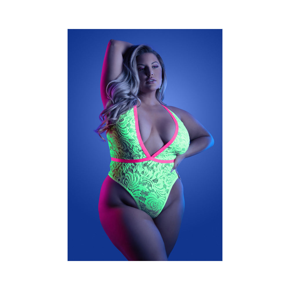 Fantasy Lingerie Glow Spotlight Contrast Elastic Lace Teddy with Snap Closure Neon Green Queen Size