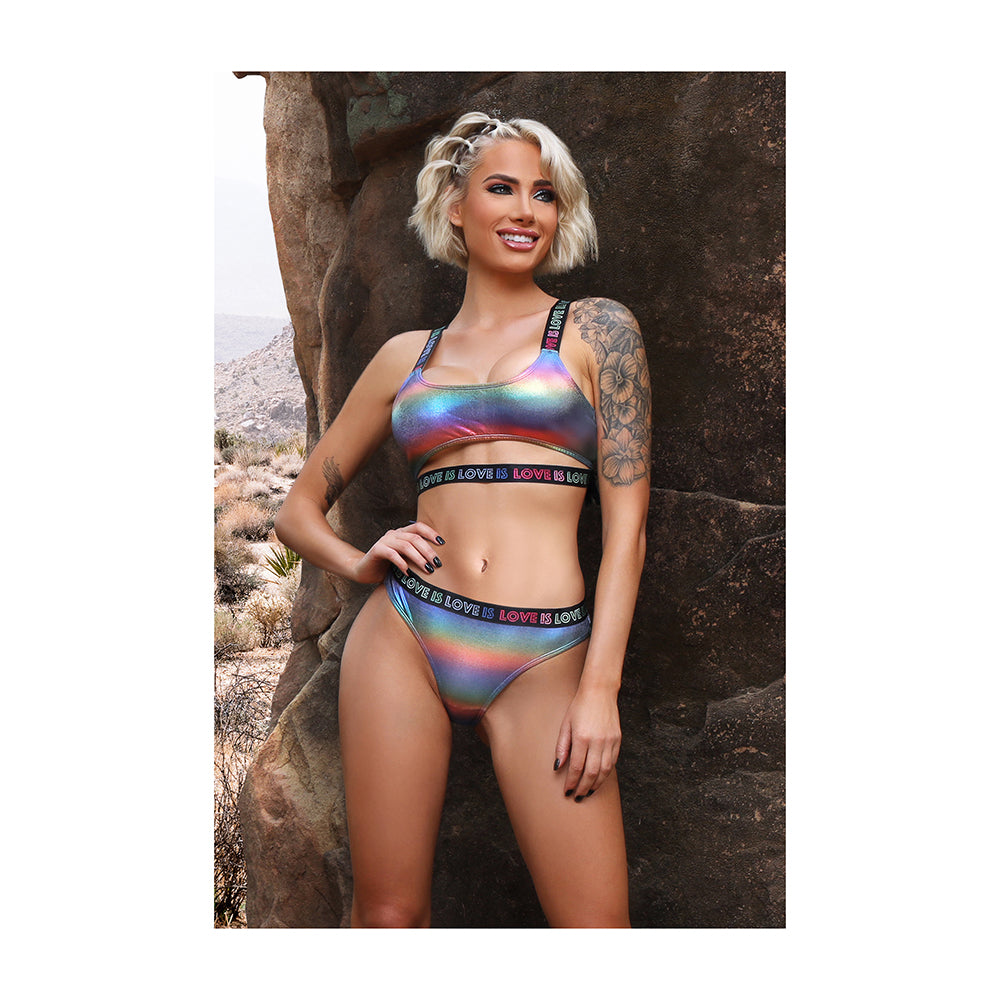 Fantasy Lingerie Vibes Love is Love Underboob Cutout Top & Cheeky Panty Rainbow Holo S/M - Fantasies Boutique