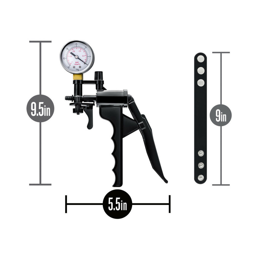 Blush Performance Gauge Pump Pistol with Silicone Tubing & Silicone Cock Strap Black - Fantasies Boutique