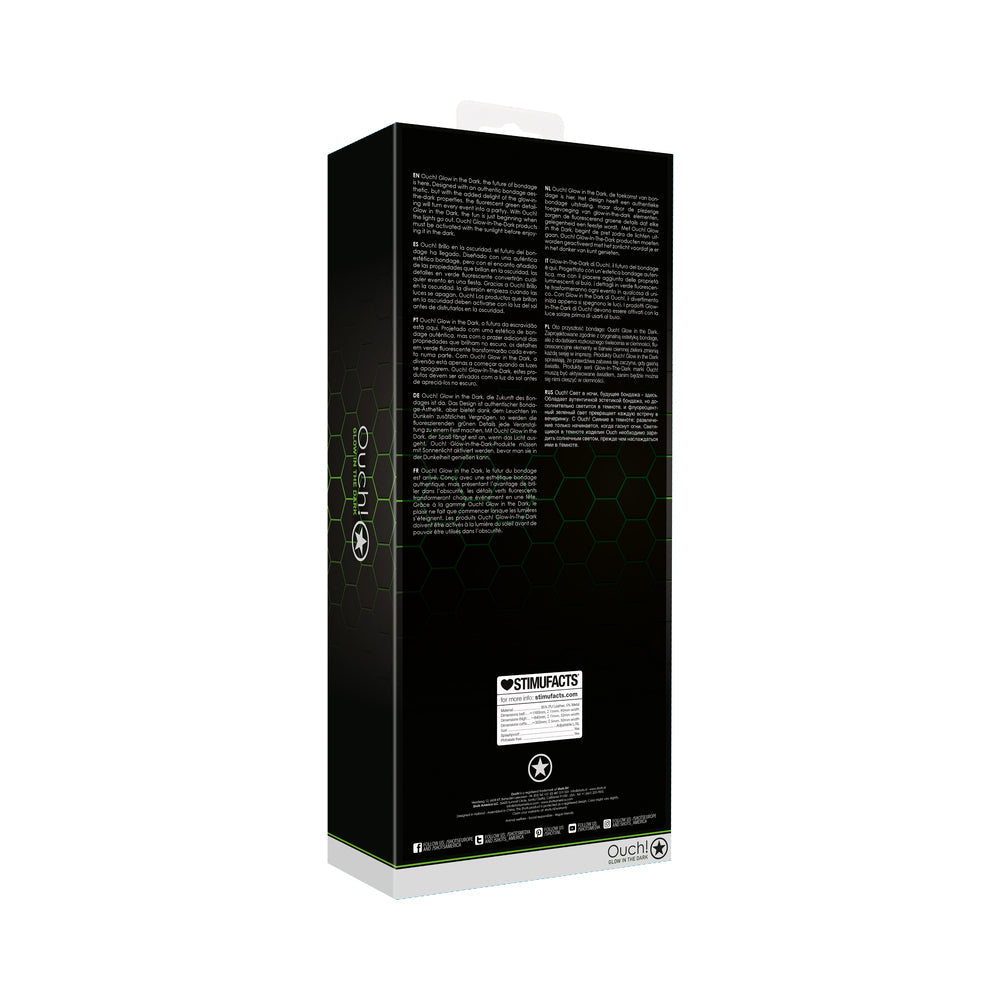 Ouch! Glow in the Dark 5-Piece Bonded Leather Thigh & Handcuffs With Belt Restraint Neon Green L/XL - Fantasies Boutique