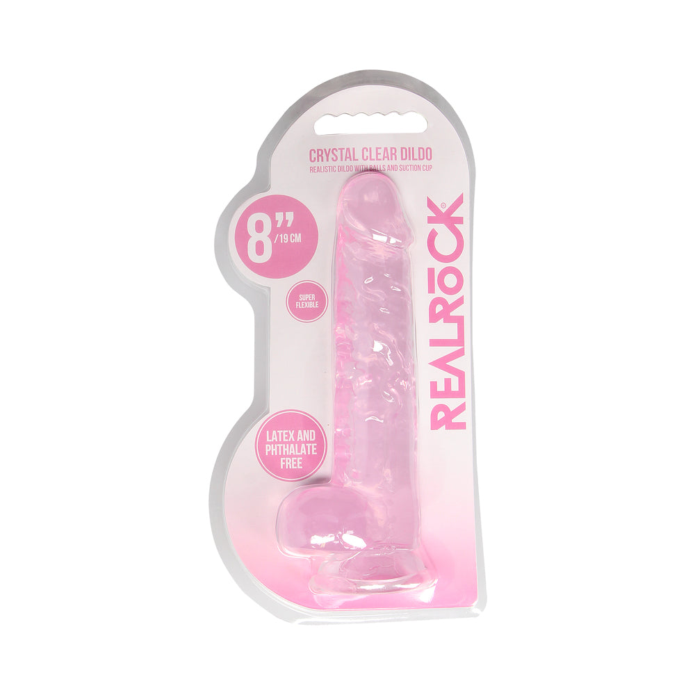 RealRock Crystal Clear Realistic 8 in. Dildo With Balls and Suction Cup Pink - Fantasies Boutique