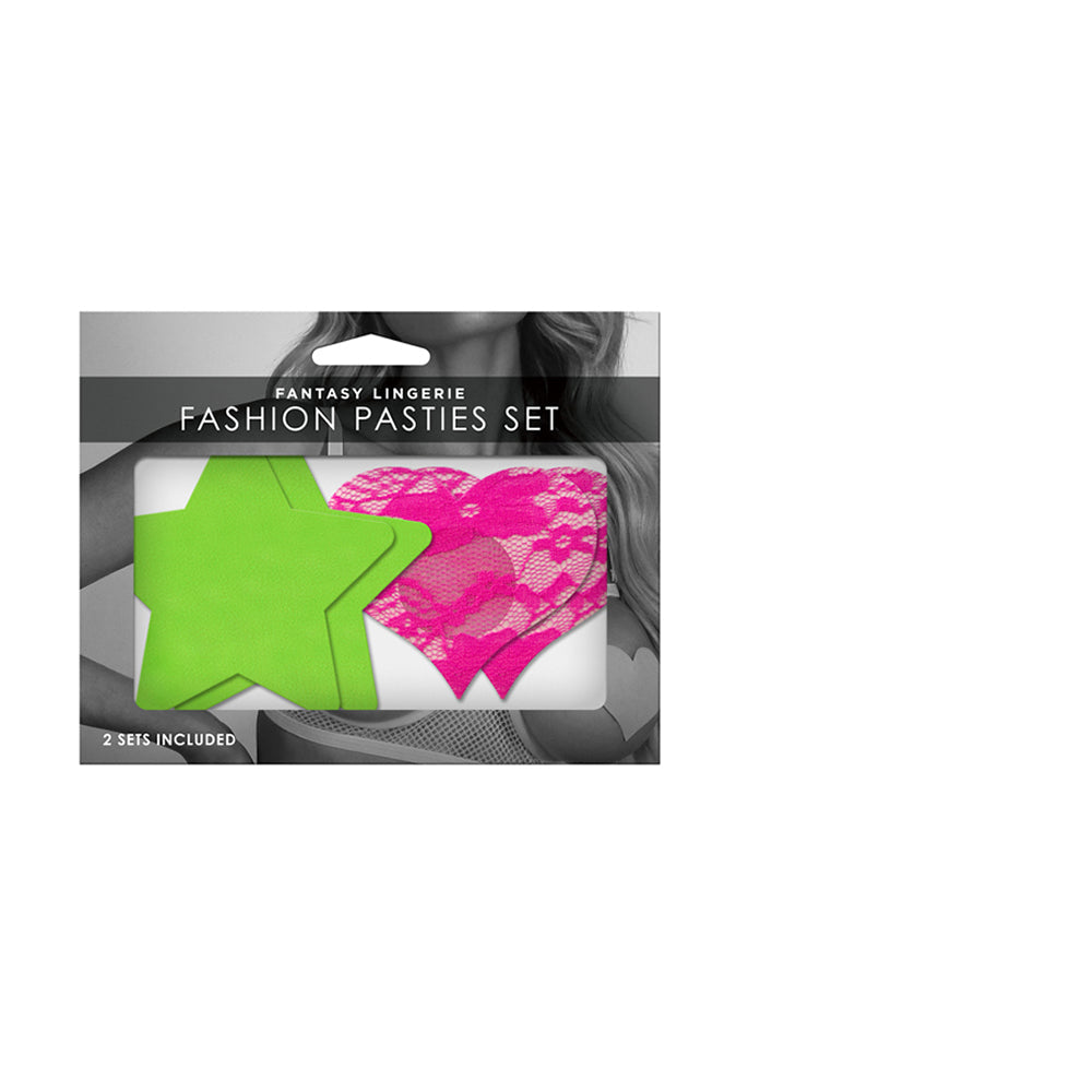 Fantasy Lingerie Neon Pasties 2-Pack Solid Neon Green Star & Neon Pink Lace Heart - Fantasies Boutique