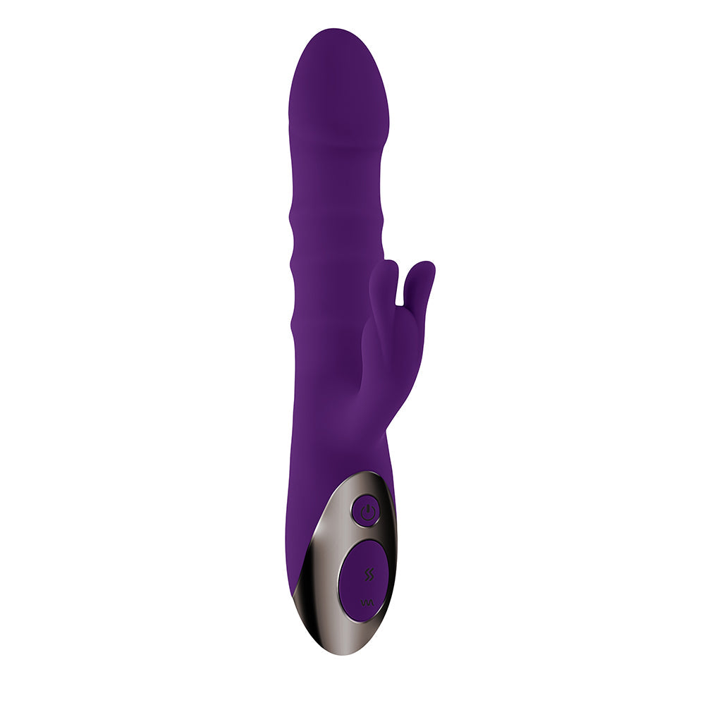 Playboy Hop To It Rechargeable Thrusting Silicone Dual Stimulation Vibrator Acai - Fantasies Boutique