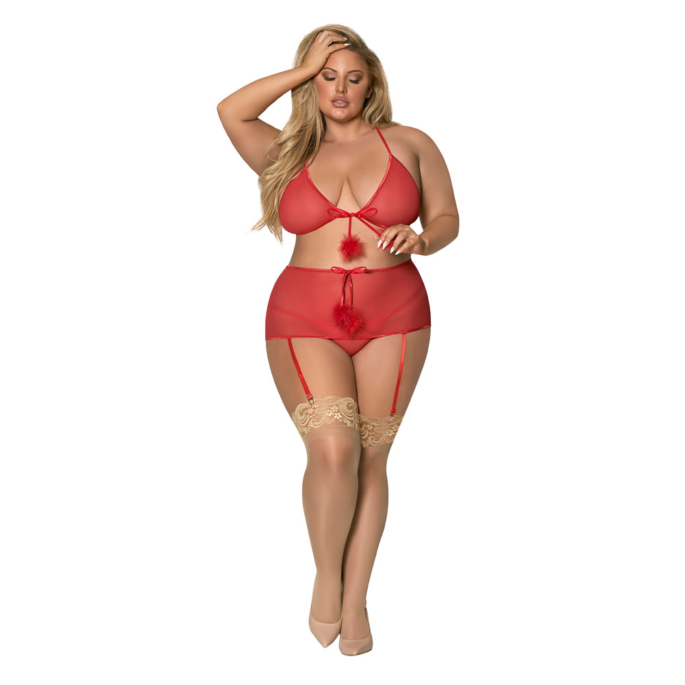 Magic Silk Marabou Bra, Garter Skirt & G-String Set Red QUEEN - Fantasies Boutique