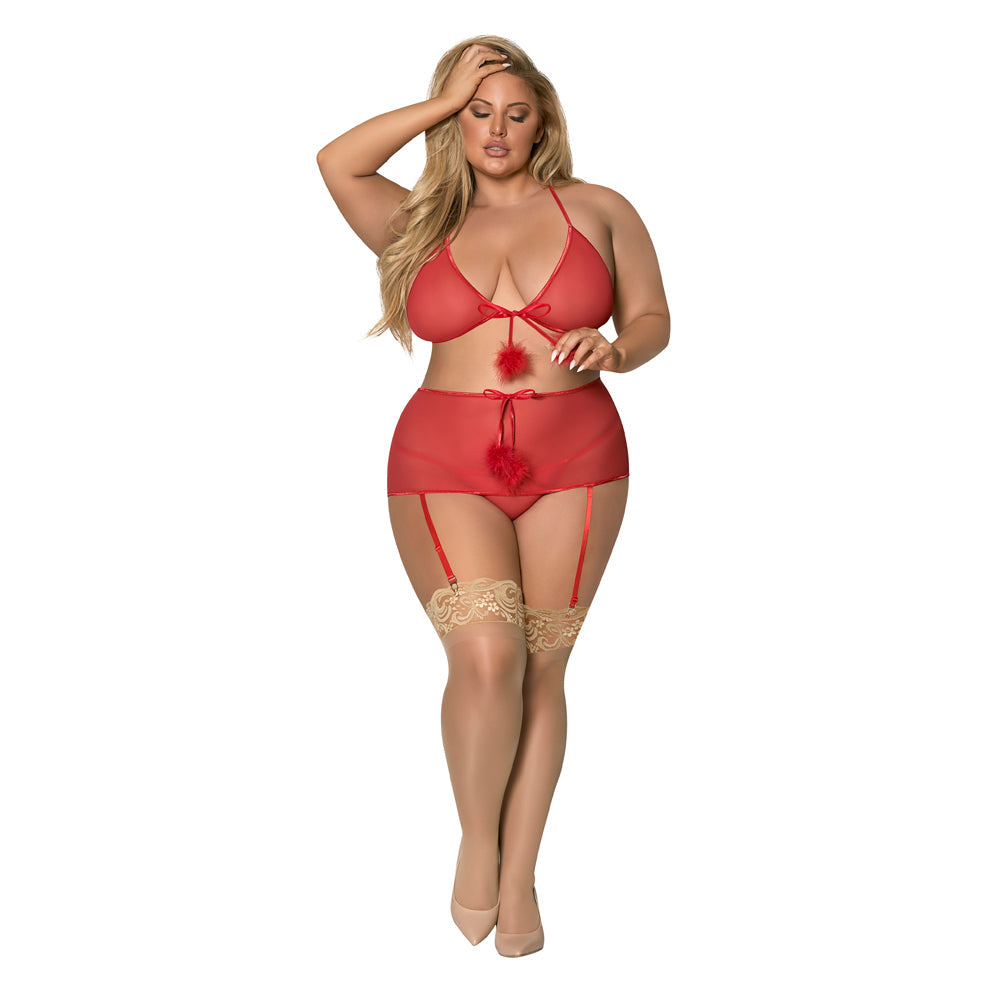 Magic Silk Marabou Bra, Garter Skirt & G-String Set Red QUEEN - Fantasies Boutique