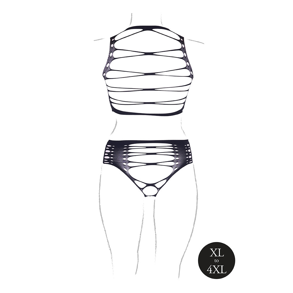 Shots Le Desir Shade Helike XLV 2-Piece with Open Cups, Crop Top & Panty Black Queen Size - Fantasies Boutique