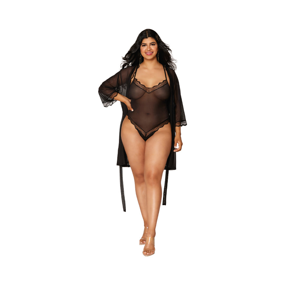 Dreamgirl Mesh Robe & Strappy Back Teddy With Lace Trim Black 1XL Hanging - Fantasies Boutique