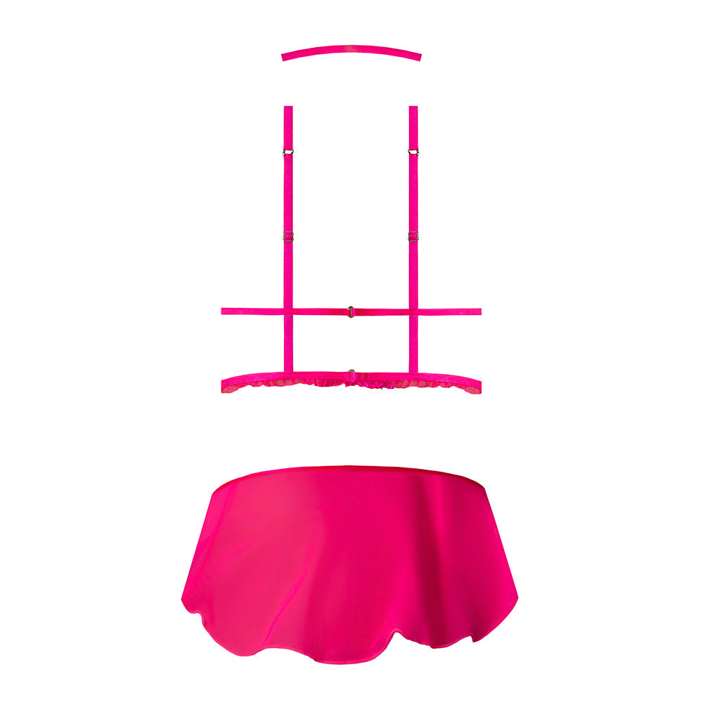 Magic Silk Pink Kink Harness Top, Open Crotch Skirt Panty & Choker Pink Glow Queen Size
