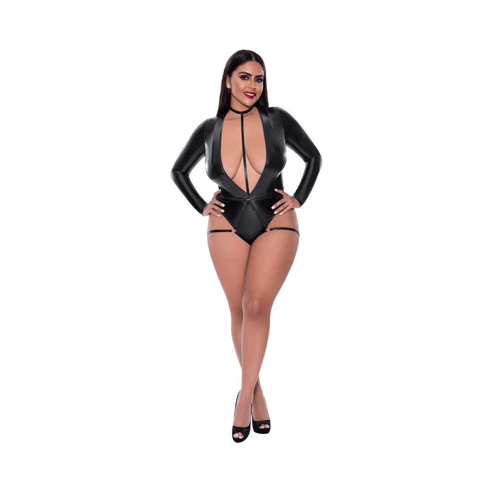 Magic Silk Liquid Onyx Long Sleeve Teddy with Harness Caging Black Queen - Fantasies Boutique