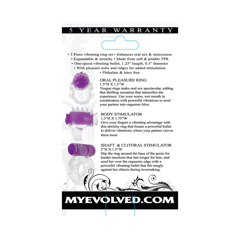 Evolved Ring True 3-Piece Vibrating Ring Set Clear/Purple - Fantasies Boutique