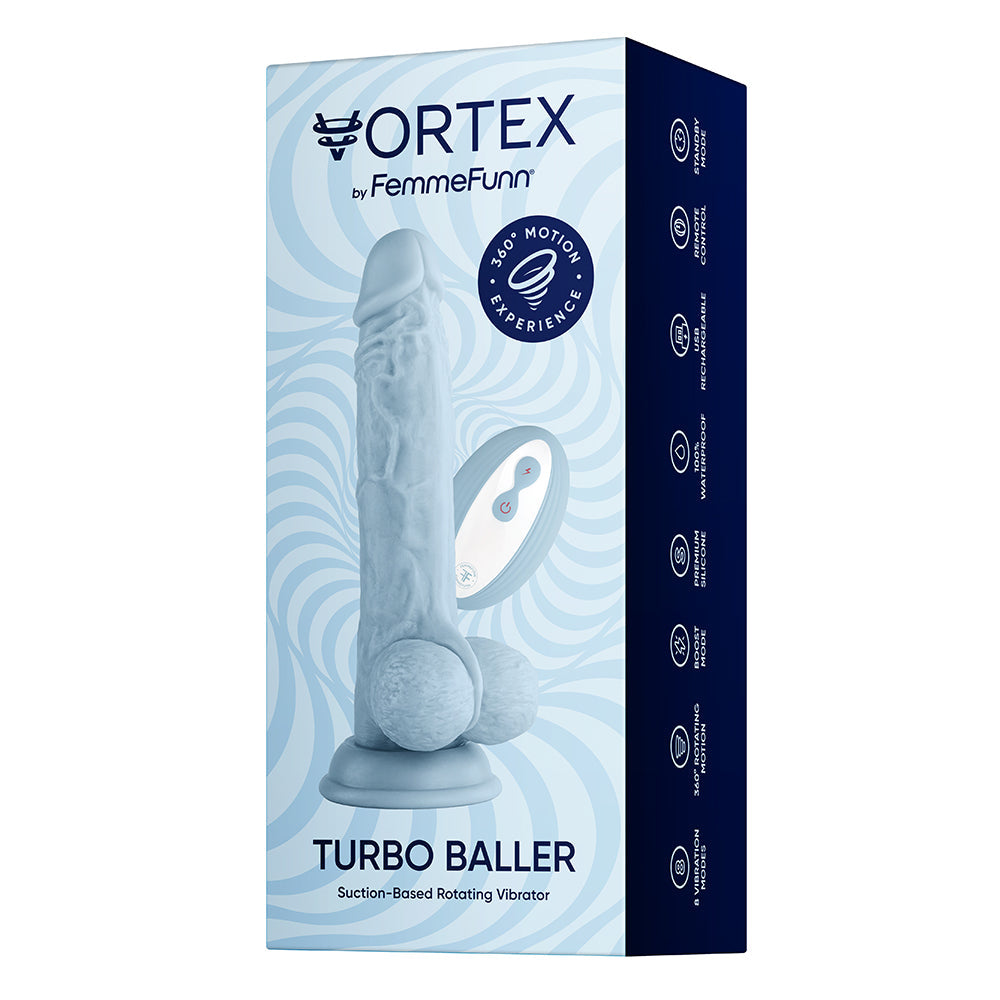 FemmeFunn Vortex Turbo Baller 2.0 8.25 in. Vibrating Rotating Dildo Light Blue - Fantasies Boutique