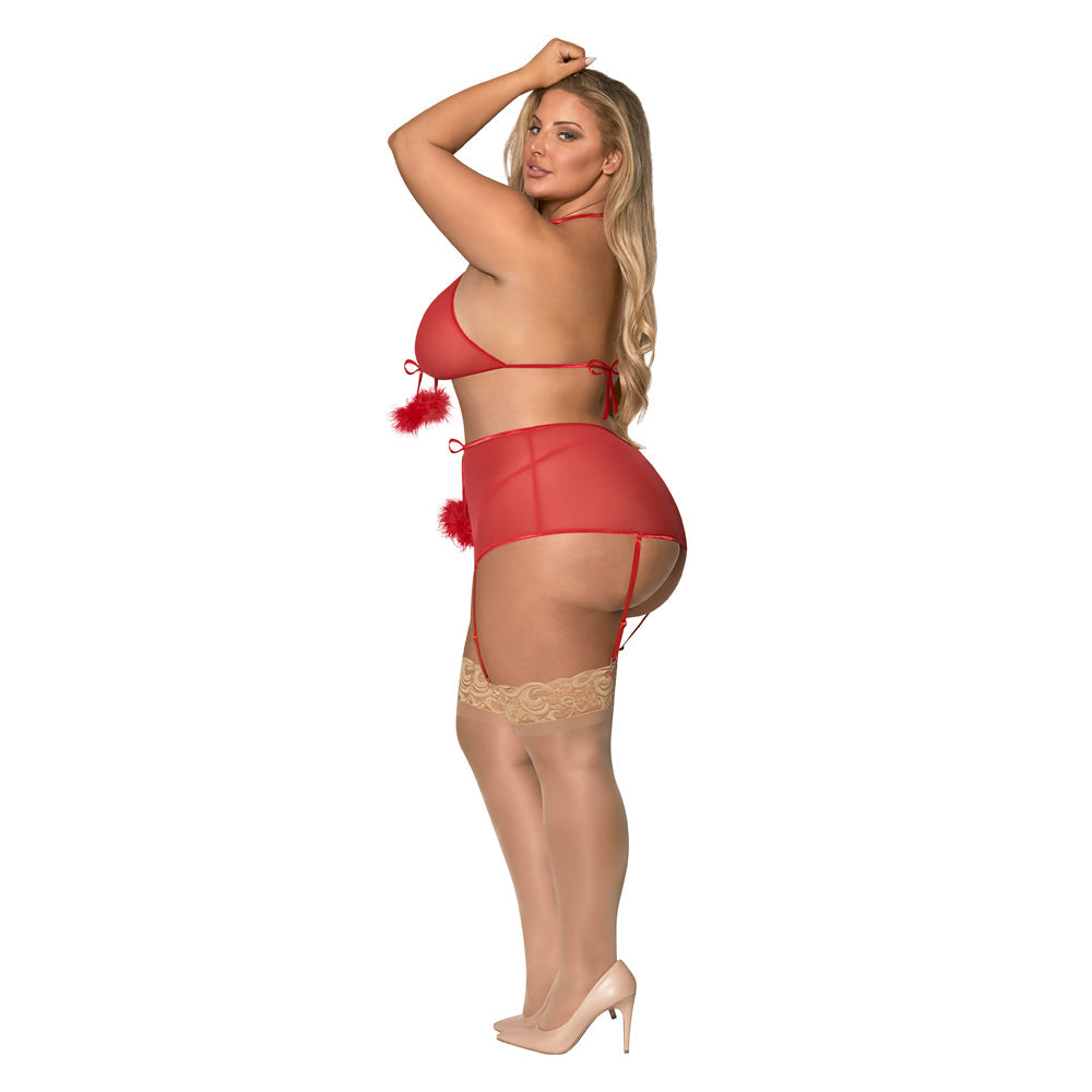 Magic Silk Marabou Bra, Garter Skirt & G-String Set Red QUEEN - Fantasies Boutique