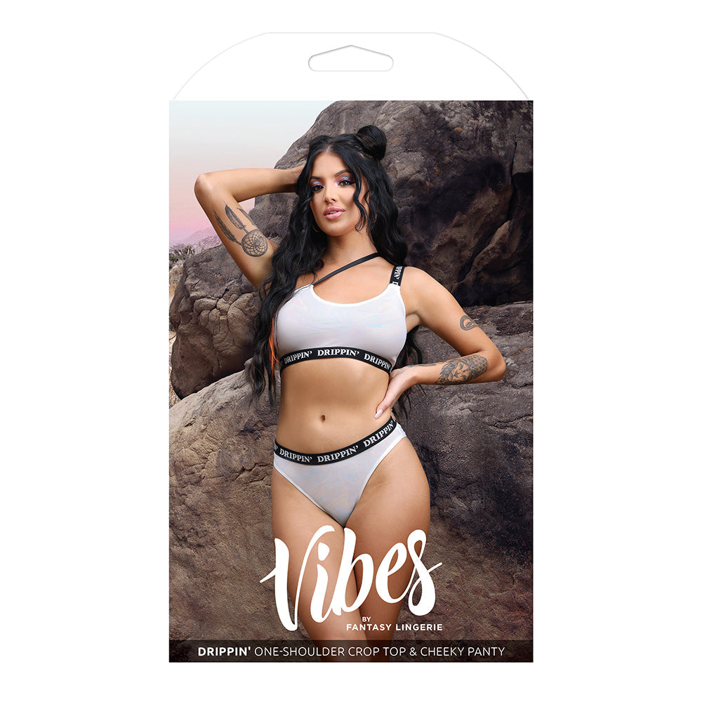 Fantasy Lingerie Vibes Drippin' Iridescent Strappy One-Shoulder Top & Panty Pearl White S/M - Fantasies Boutique