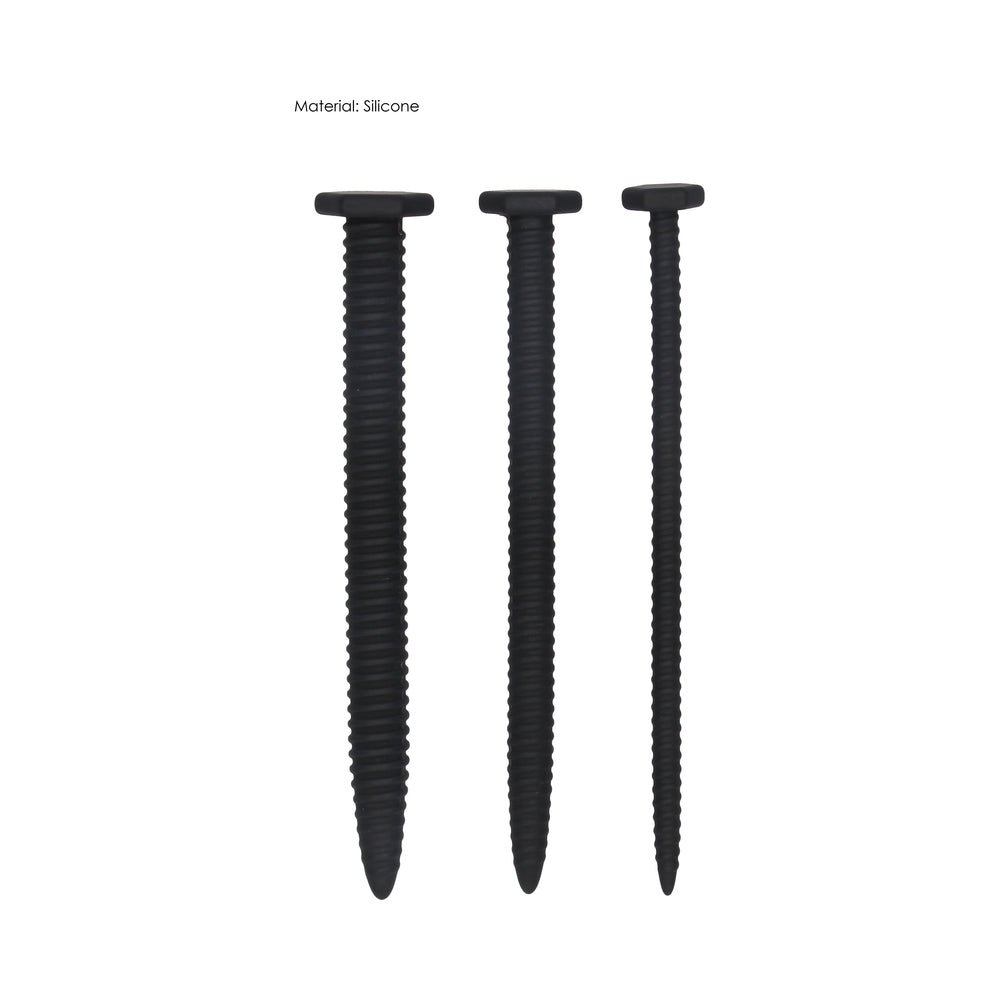 Ouch! Urethral Sounding Textured Silicone Screw Plug Set Black 9 mm / 13 mm / 16.5 mm