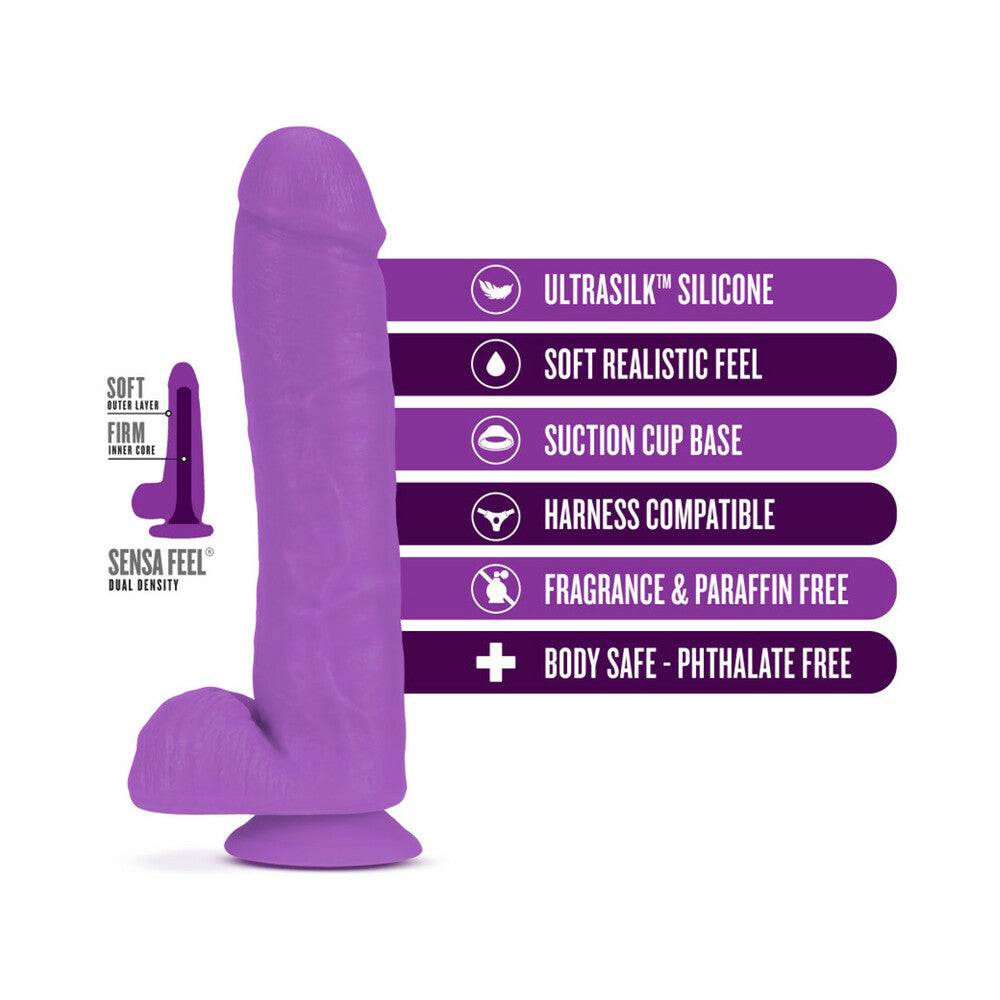 Blush Neo Elite 11 in. Silicone Dual Density Dildo with Balls & Suction Cup Neon Purple - Fantasies Boutique