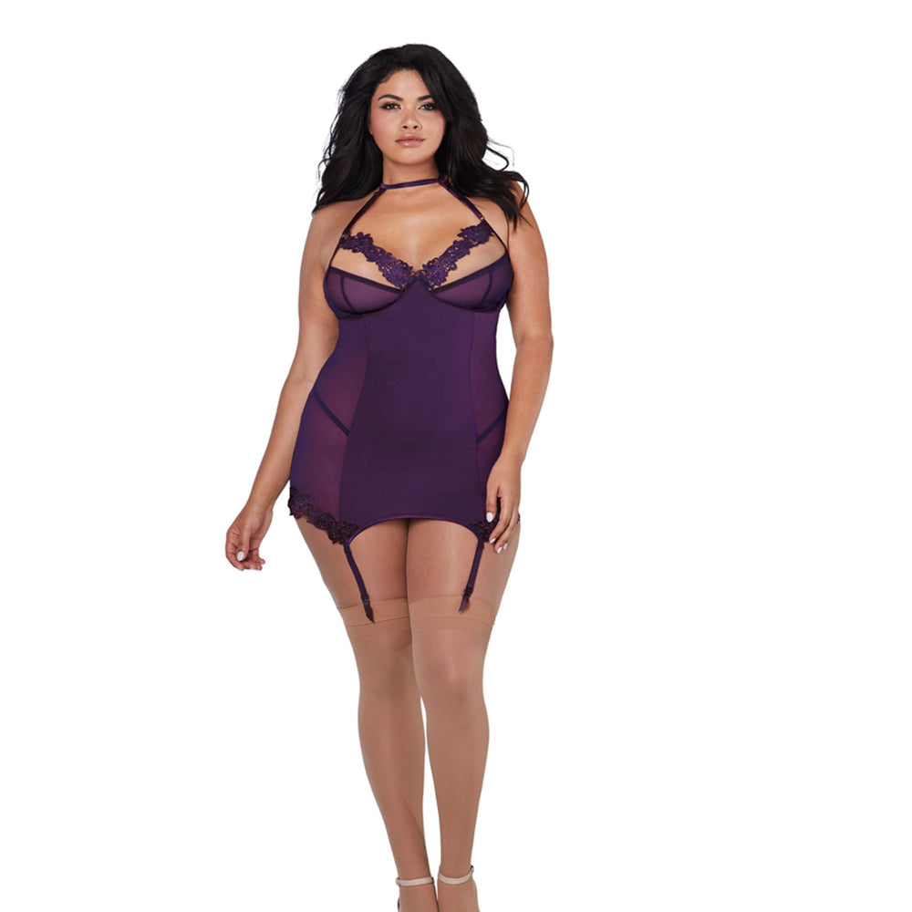 Dreamgirl Microfiber and Mesh Garter Slip With Underwire Shelf Bra Plum Queen - Fantasies Boutique