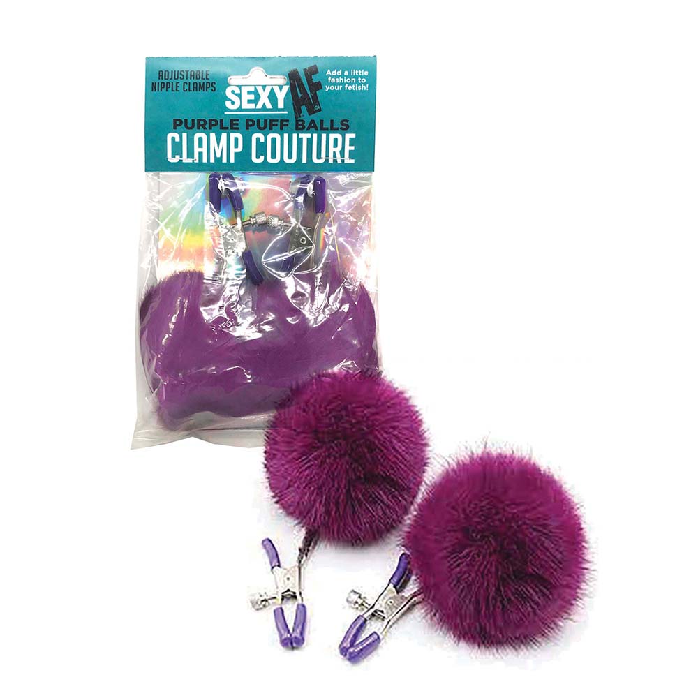AF Sexy Nipple Clamps Purple Puff Balls - Fantasies Boutique