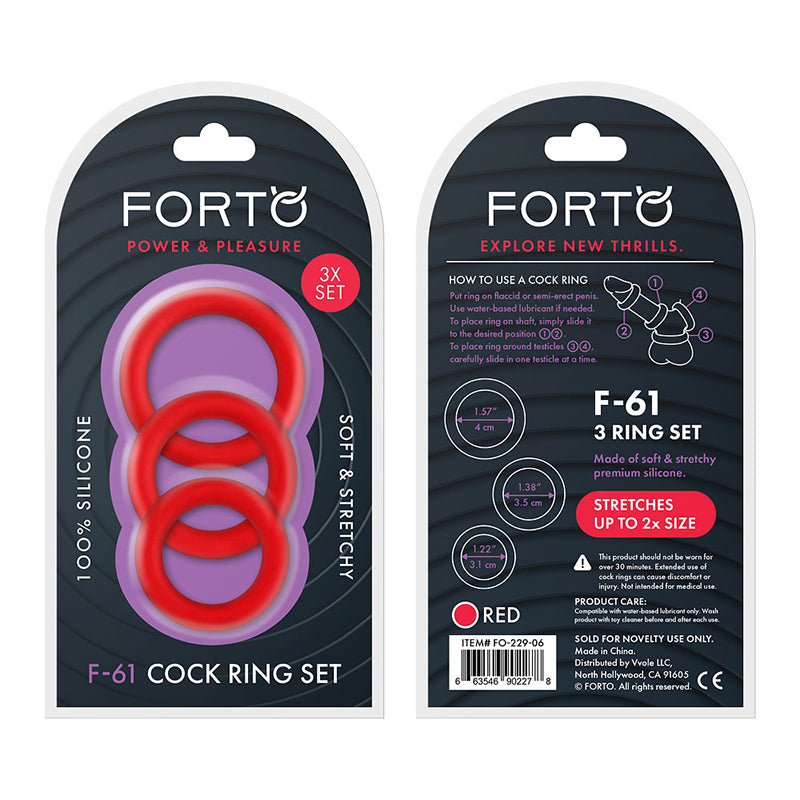 Forto F-61 3-Piece Silicone Cockring Set Red - Fantasies Boutique