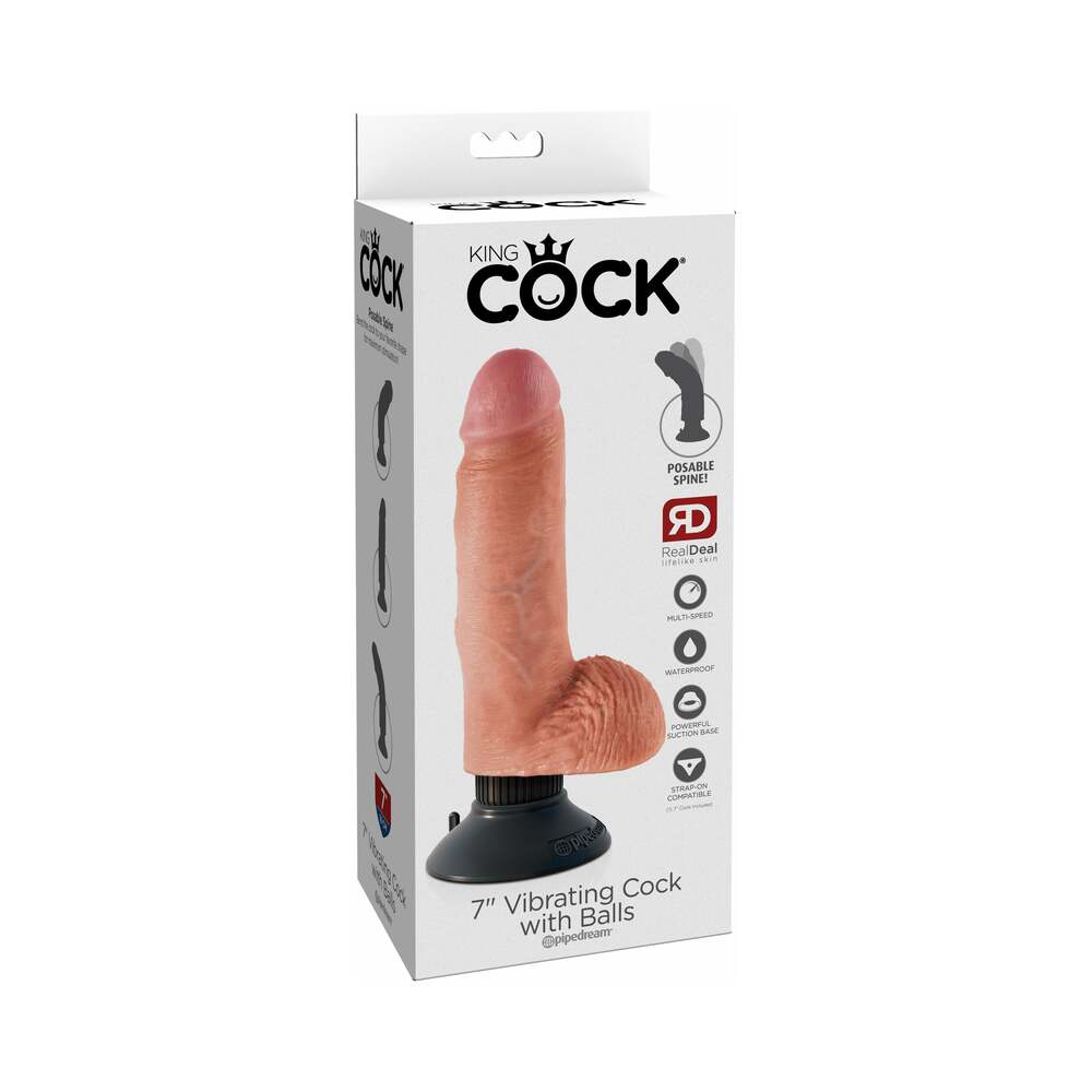 King Cock 7 in. Vibrating Cock With Balls Poseable Suction Cup Dildo Beige - Fantasies Boutique