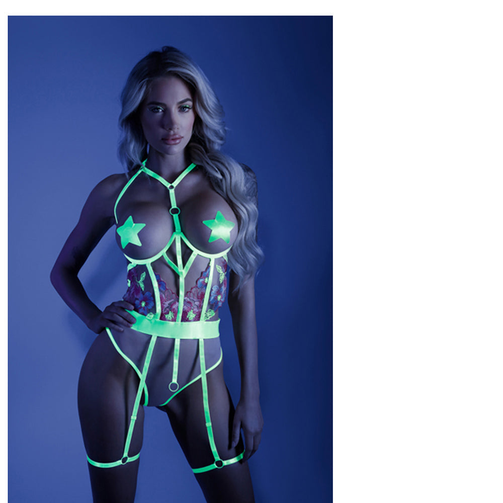 Fantasy Lingerie Glow In A Trance Open-Cup Crotchless Teddy Neon Chartreuse S/M - Fantasies Boutique