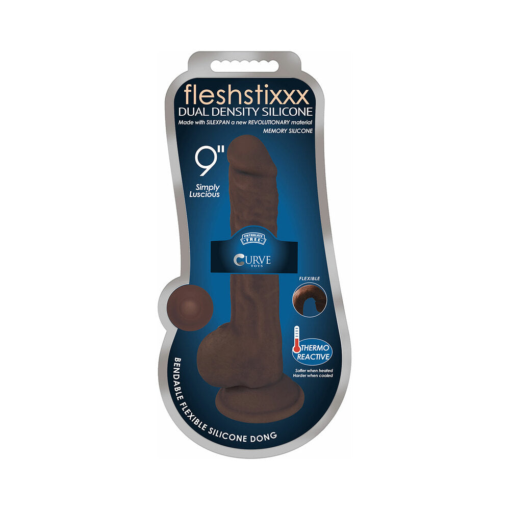 Curve Toys FLESHSTIXXX 9 in. Posable Dual Density Silicone Dildo with Balls & Suction Cup Brown - Fantasies Boutique