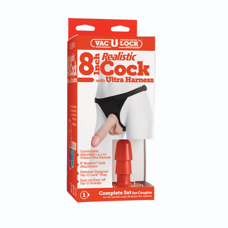 Vac-U-Lock - 8 Inch Classic Dong - With Ultra Harness White - Fantasies Boutique
