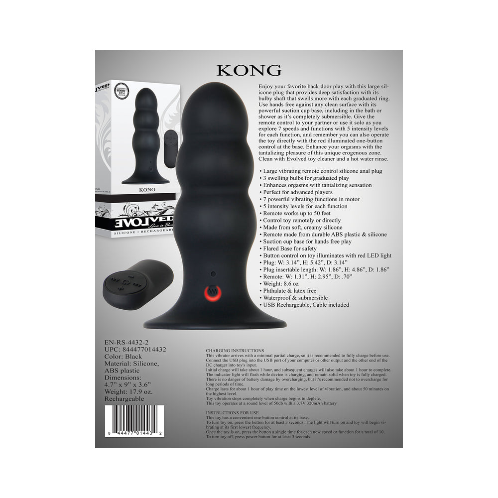 Evolved Kong Rechargeable Remote-Controlled Vibrating Silicone Anal Plug Black - Fantasies Boutique