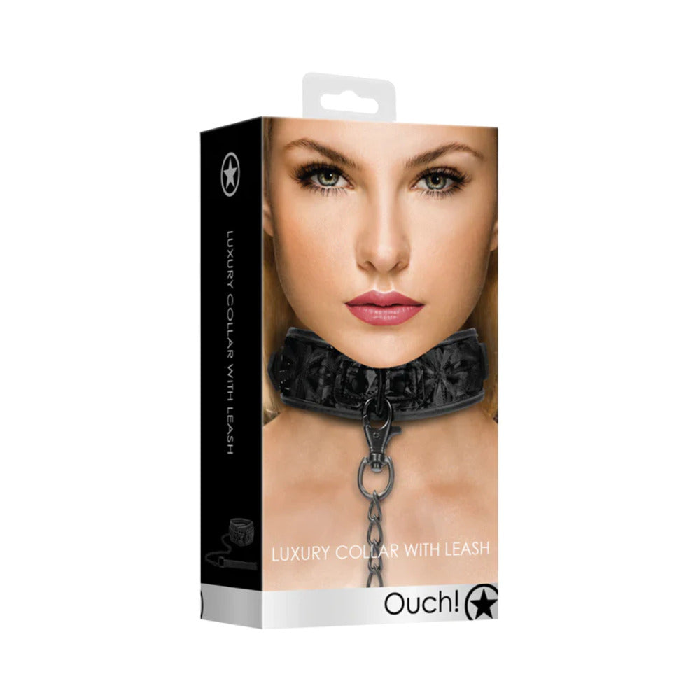 Ouch! Luxury Adjustable Collar With Leash Black - Fantasies Boutique