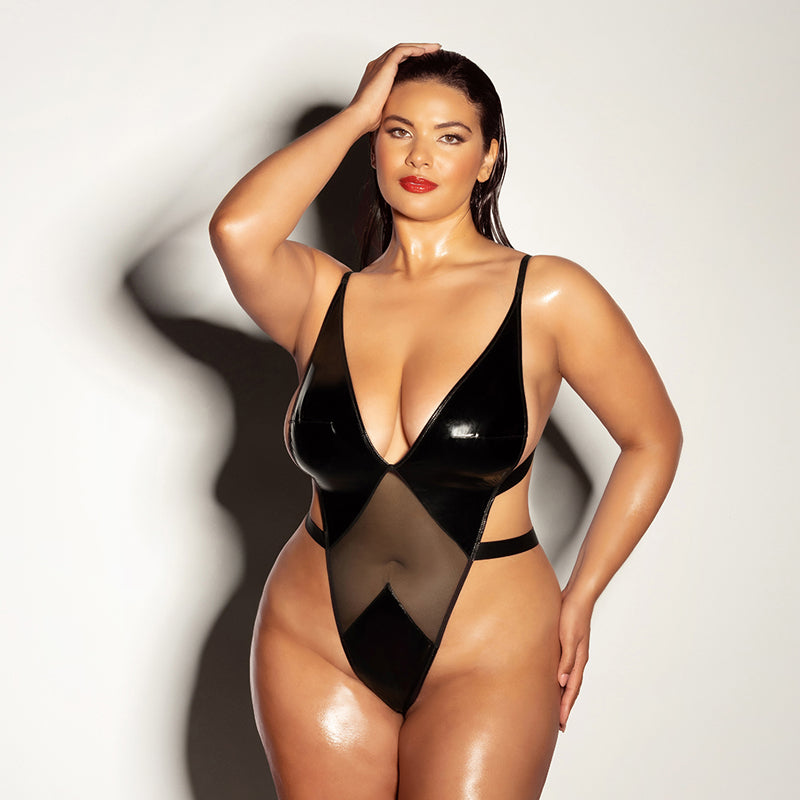 Oh La La Cheri Limitless Soft Cup High Leg Vinyl and Mesh Teddy 1XL/2XL - Fantasies Boutique