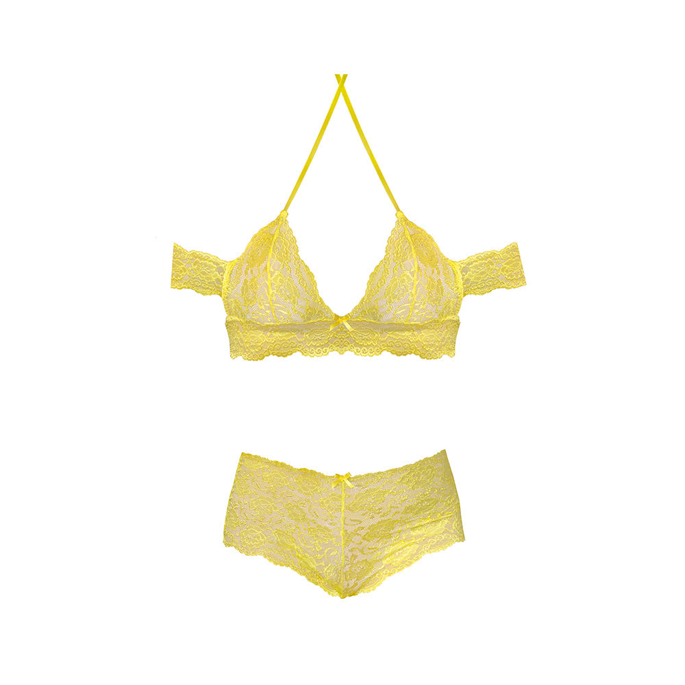 Magic Silk Daffodil Dreams Bardot Sleeve Halter Top & Boy Short Set Yellow L/XL