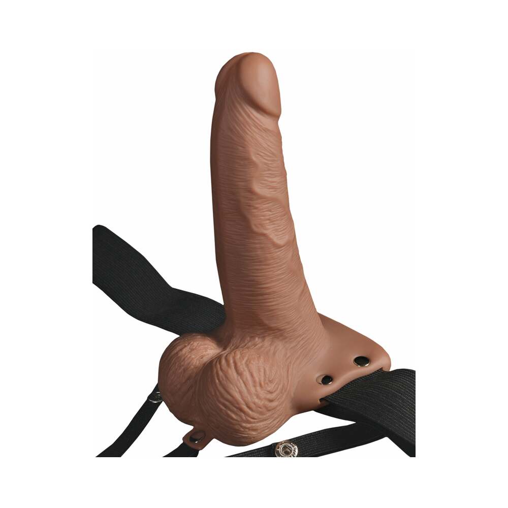 Fetish Fantasy Series Rechargeable Vibrating 6 in. Hollow Strap-On With Balls Tan/Black - Fantasies Boutique
