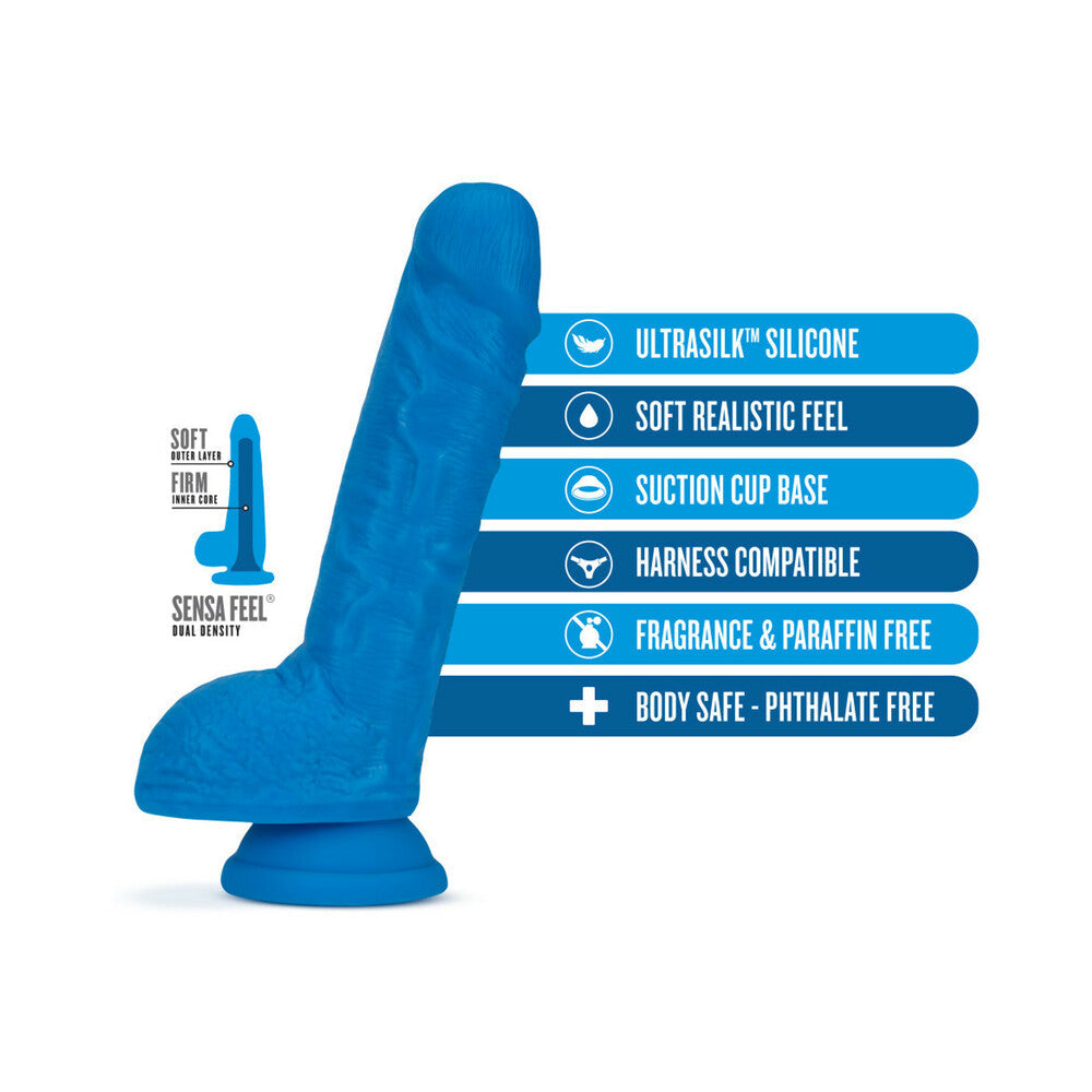 Neo Elite 9 in. Silicone Dual Density Dildo with Balls Neon Blue - Fantasies Boutique