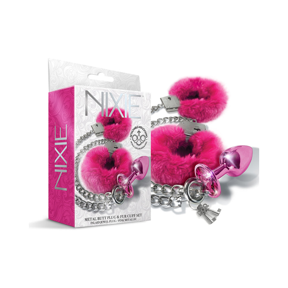 Nixie Metal Butt Plug & Furry Handcuff Set Medium Pink Metallic - Fantasies Boutique