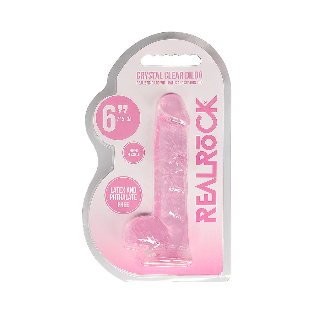 RealRock Crystal Clear Realistic 6 in. Dildo With Balls and Suction Cup Pink - Fantasies Boutique