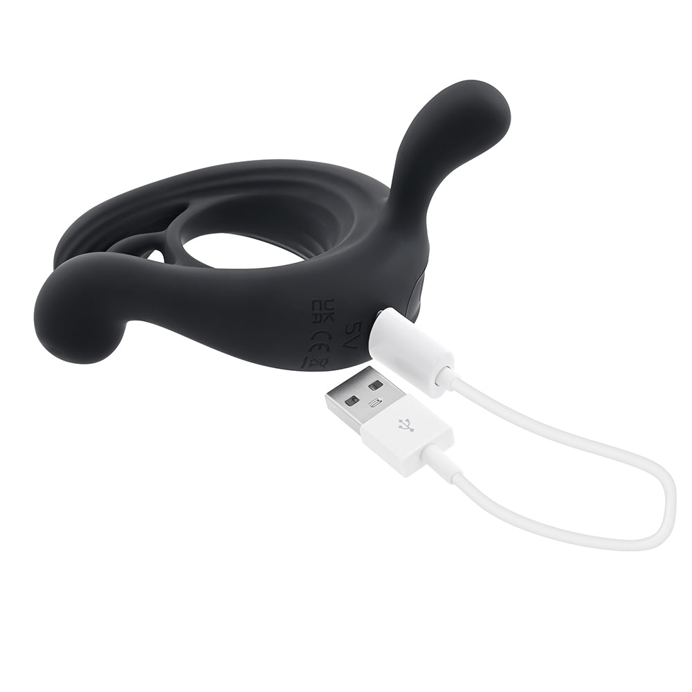 Playboy Triple Play Vibrating Cockring with Stimulator Black - Fantasies Boutique