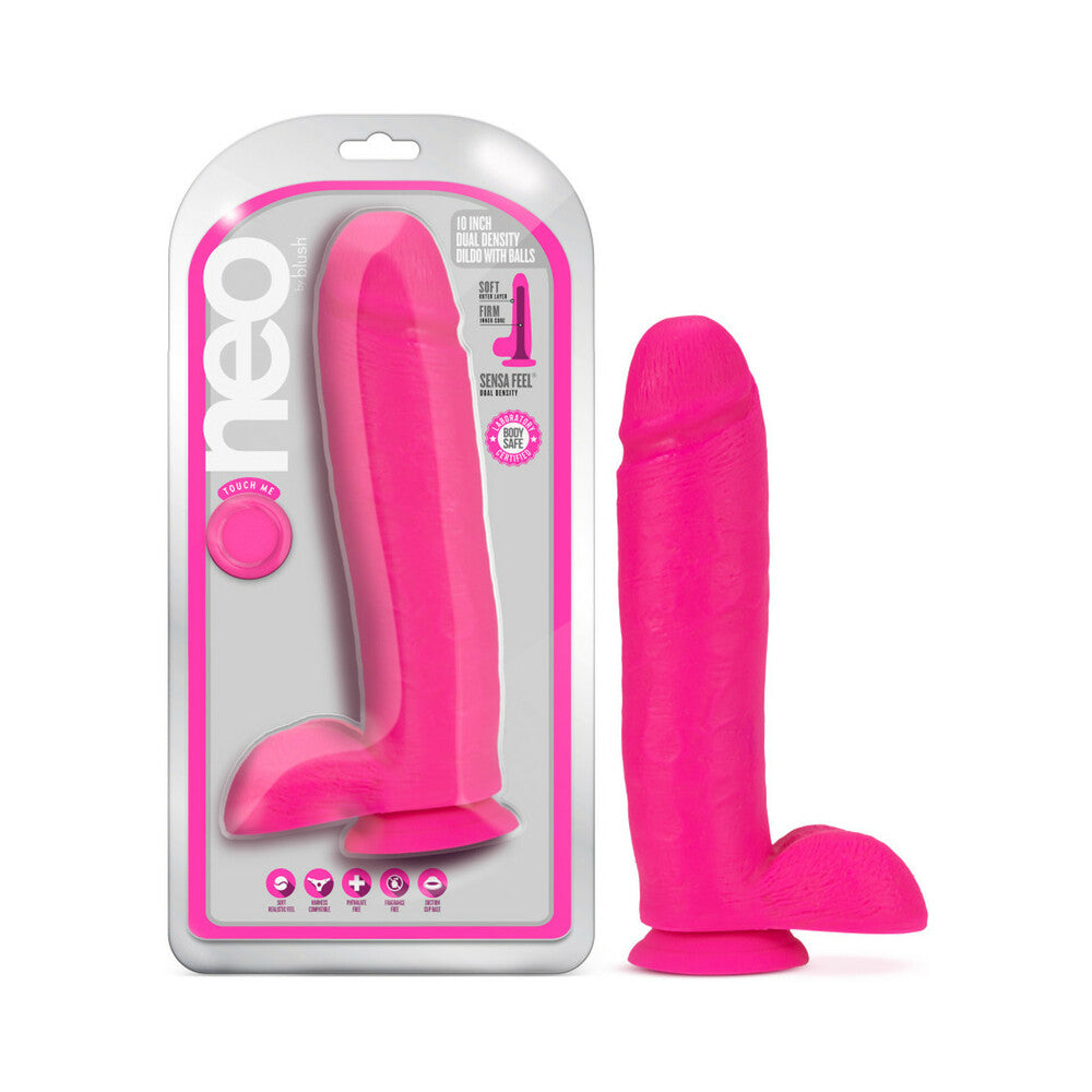 Neo 10 in. Dual Density Dildo with Balls Neon Pink - Fantasies Boutique