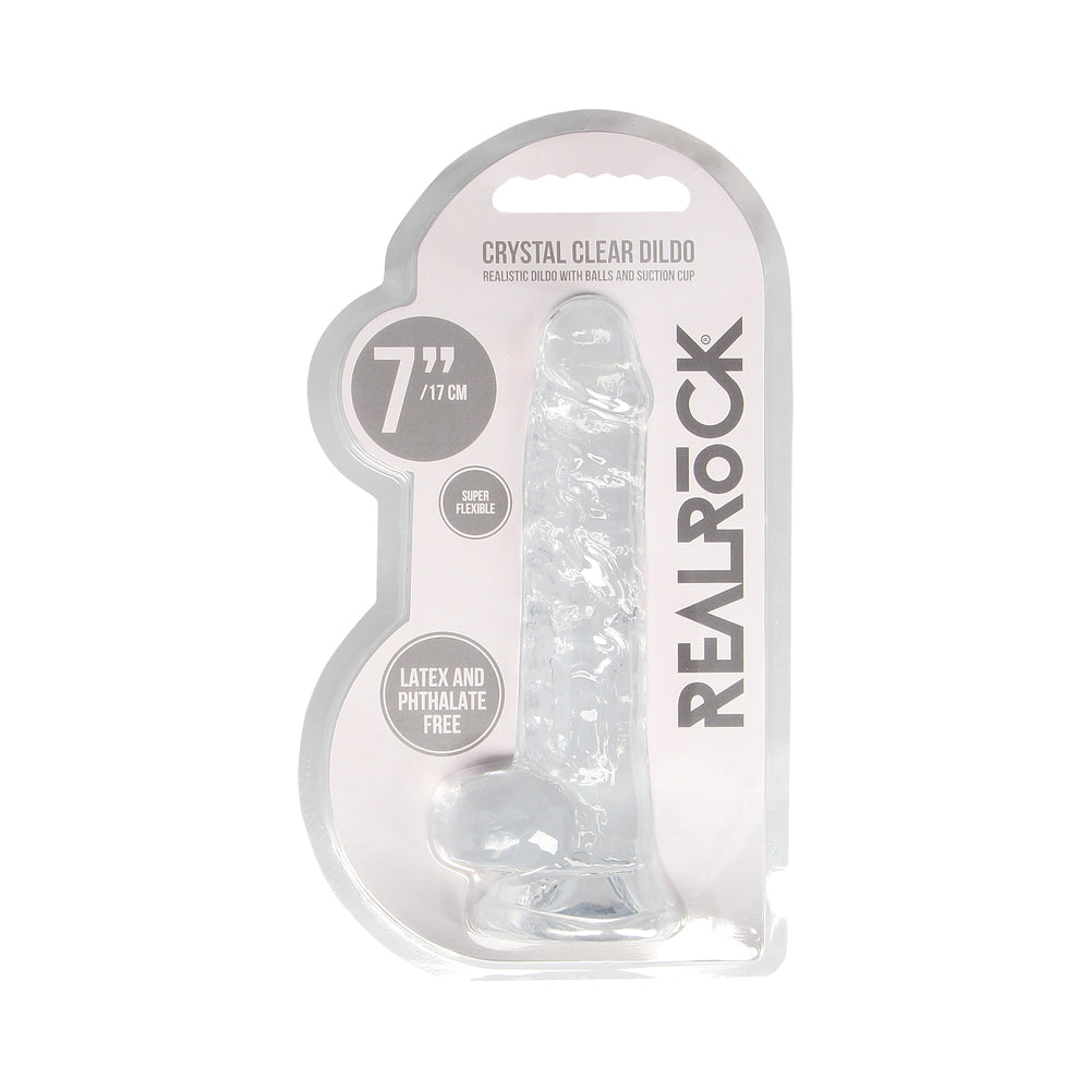 RealRock Crystal Clear Realistic 7 in. Dildo With Balls and Suction Cup Clear - Fantasies Boutique