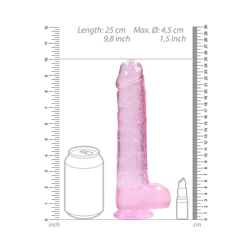 RealRock Crystal Clear Realistic 9 in. Dildo With Balls and Suction Cup Pink - Fantasies Boutique