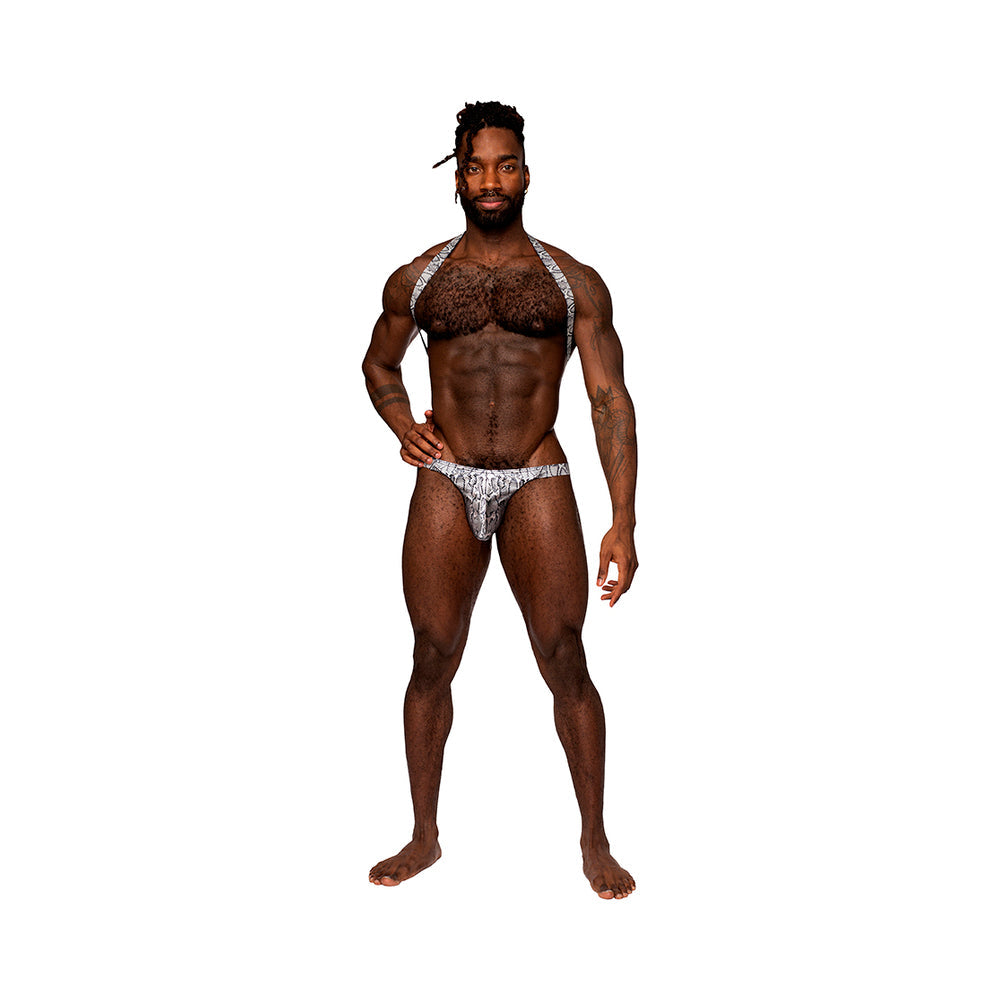 Male Power S'naked Shoulder Sling Harness Thong One-Piece Silver/Black S/M - Fantasies Boutique