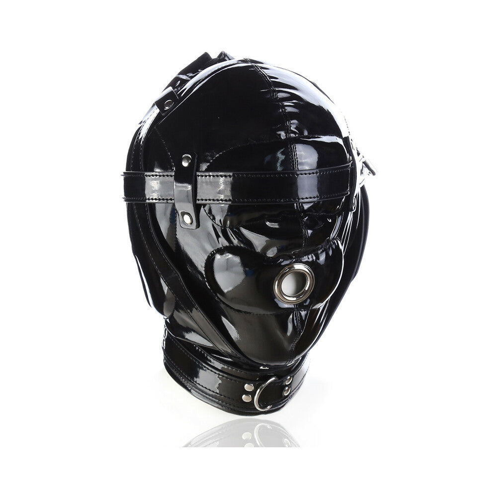 Ple'sur Shiny Pleather Locking Deprivation Hood With Single Nose Hole Black Bag Packaging - Fantasies Boutique