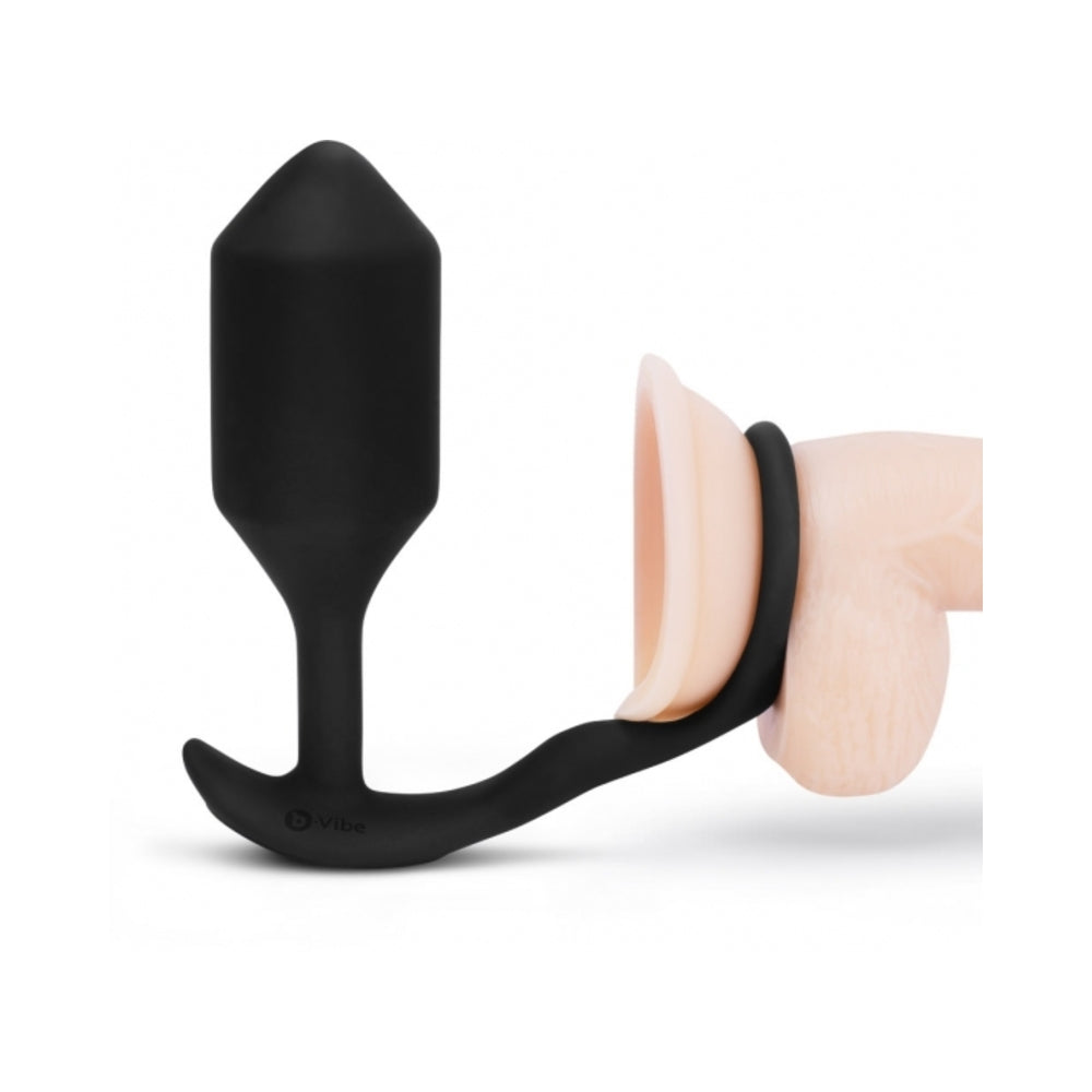 b-Vibe Vibrating Snug & Tug Rechargeable Weighted Silicone Anal Plug with Cockring XL Black - Fantasies Boutique