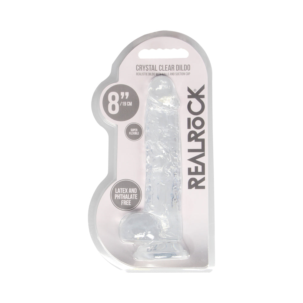 RealRock Crystal Clear Realistic 8 in. Dildo With Balls and Suction Cup Clear - Fantasies Boutique