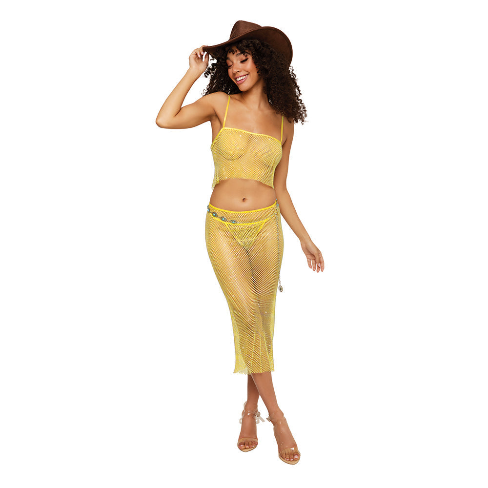 Dreamgirl Iridescent Rhinestone Embellished Fishnet Camisole and G-string Set Citrus L - Fantasies Boutique
