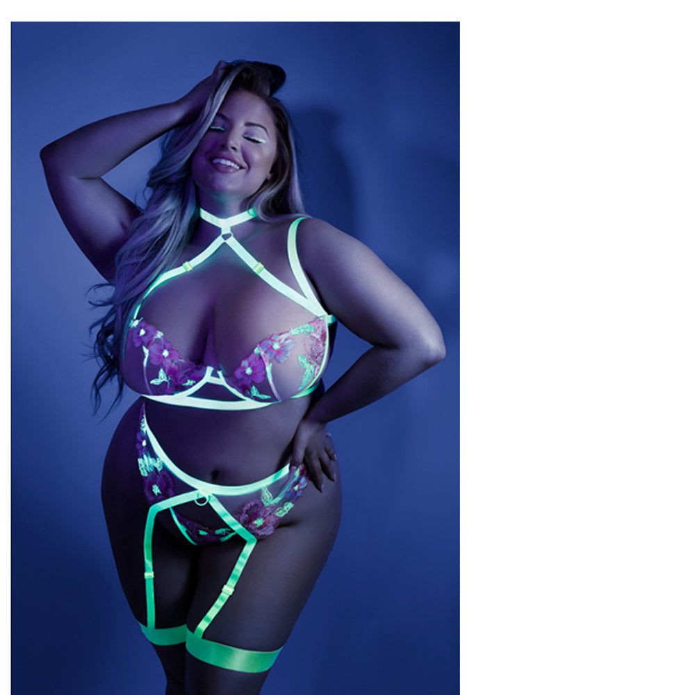Fantasy Lingerie Glow In A Trance Harness Bra, Garter Belt Neon Chartreuse Queen - Fantasies Boutique
